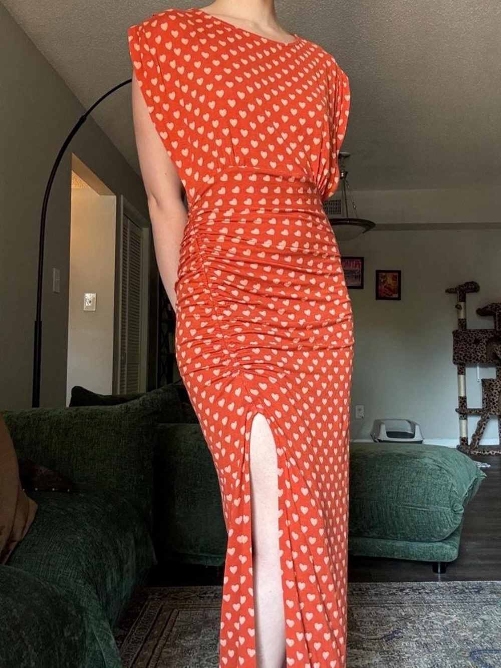 Free People Orange Heart-Print Ruched Maxi Dress